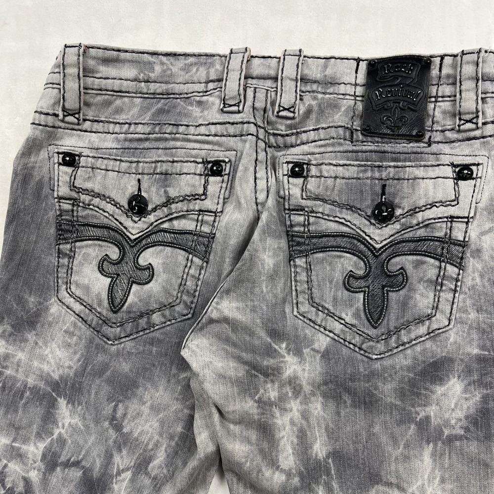 Rock Revival Straight Jeans Mens 38 Grey Tie Dye Acid Wash Black Stitching